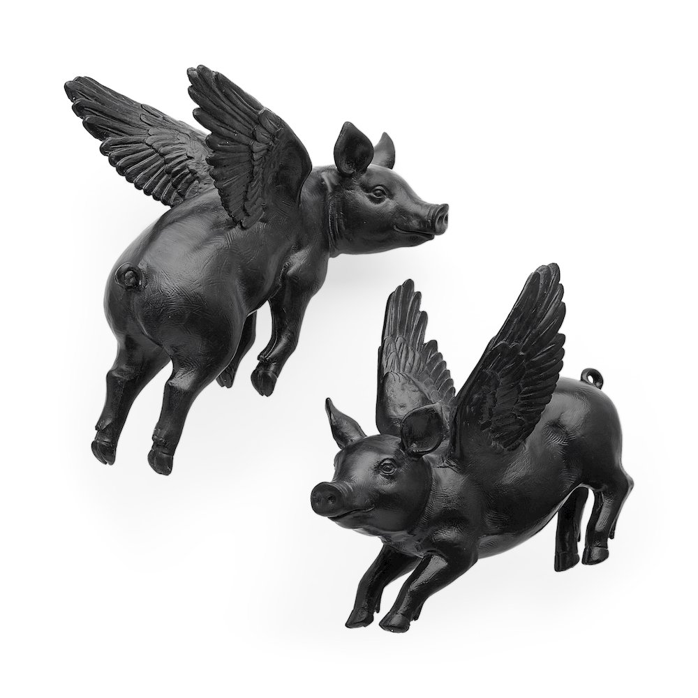 Set Of 2 Black Flying Pigs. Picture 1