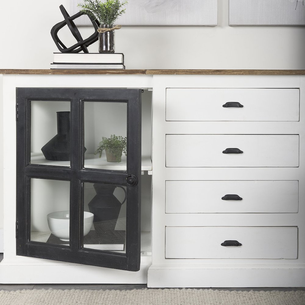 75X21 White/Black Solid Wood Frame Brown Top 4 Drawer 2 Glass Cabinet Buffet. Picture 9