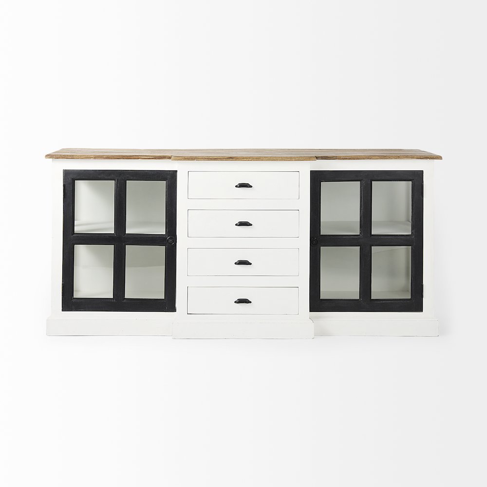 75X21 White/Black Solid Wood Frame Brown Top 4 Drawer 2 Glass Cabinet Buffet. Picture 12