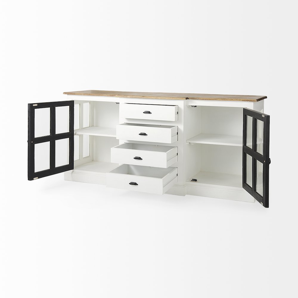 75X21 White/Black Solid Wood Frame Brown Top 4 Drawer 2 Glass Cabinet Buffet. Picture 15