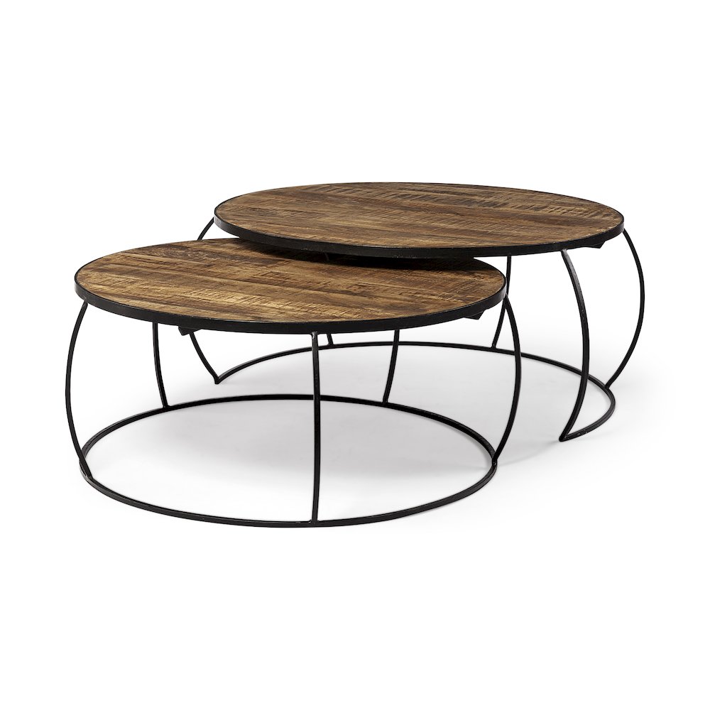 Set Of 2 Round Brown Wood Top Black Iron Base Nesting Coffee Tables. Picture 1