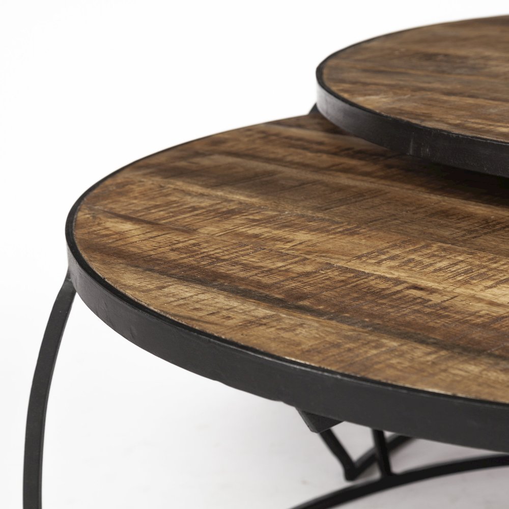 Set Of 2 Round Brown Wood Top Black Iron Base Nesting Coffee Tables. Picture 2