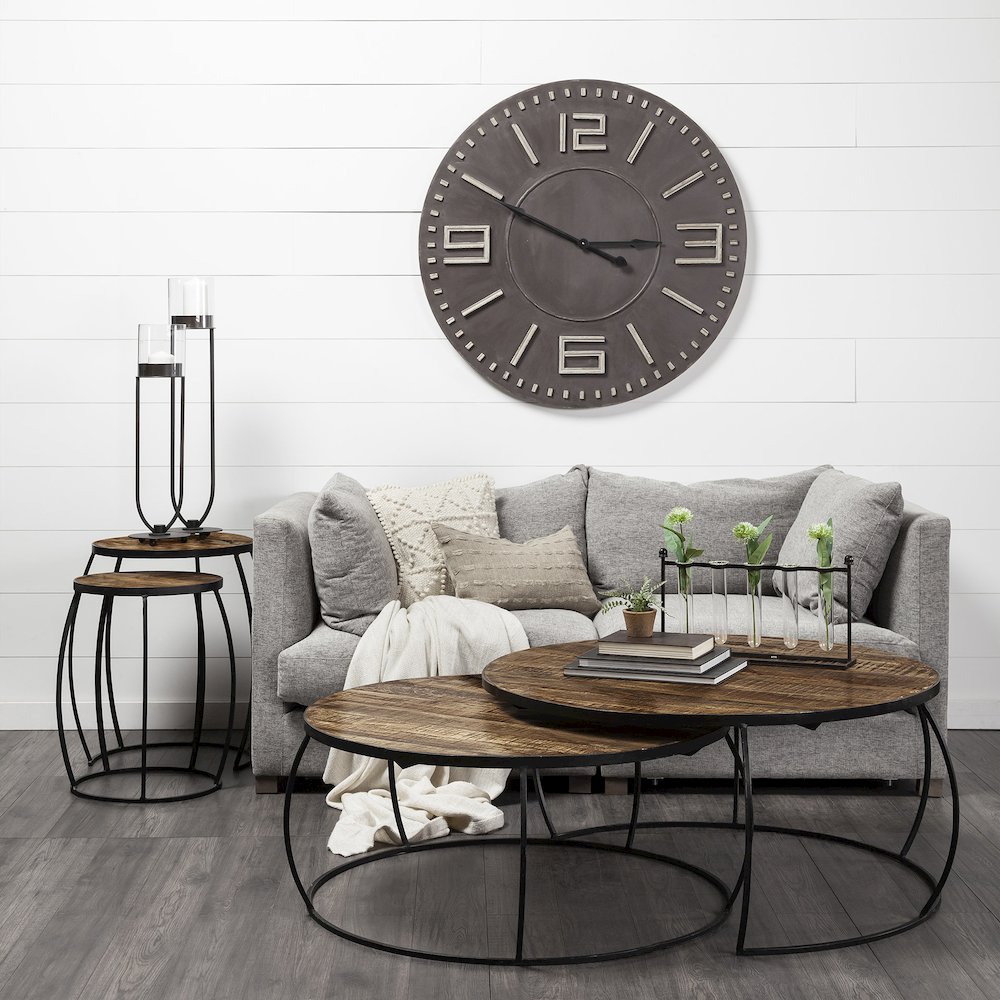 Set Of 2 Round Brown Wood Top Black Iron Base Nesting Coffee Tables. Picture 6