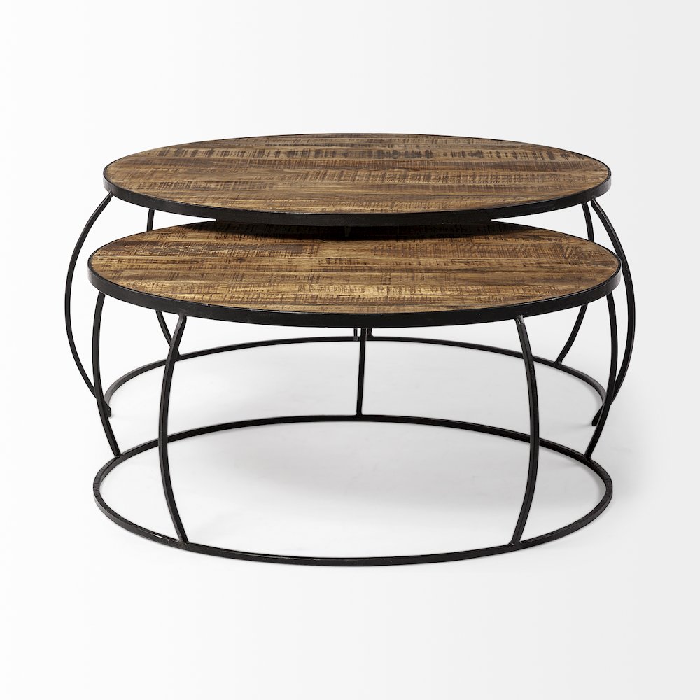 Set Of 2 Round Brown Wood Top Black Iron Base Nesting Coffee Tables. Picture 8