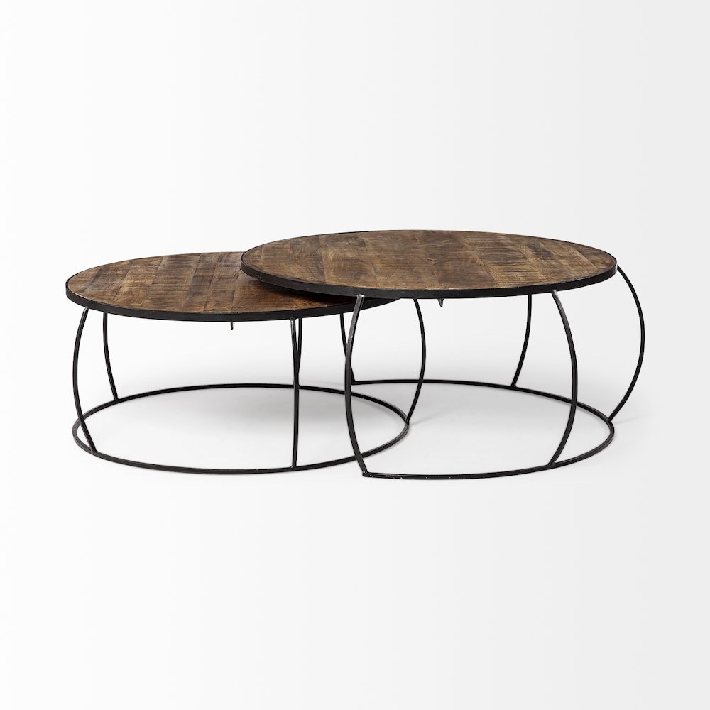 Set Of 2 Round Brown Wood Top Black Iron Base Nesting Coffee Tables. Picture 10