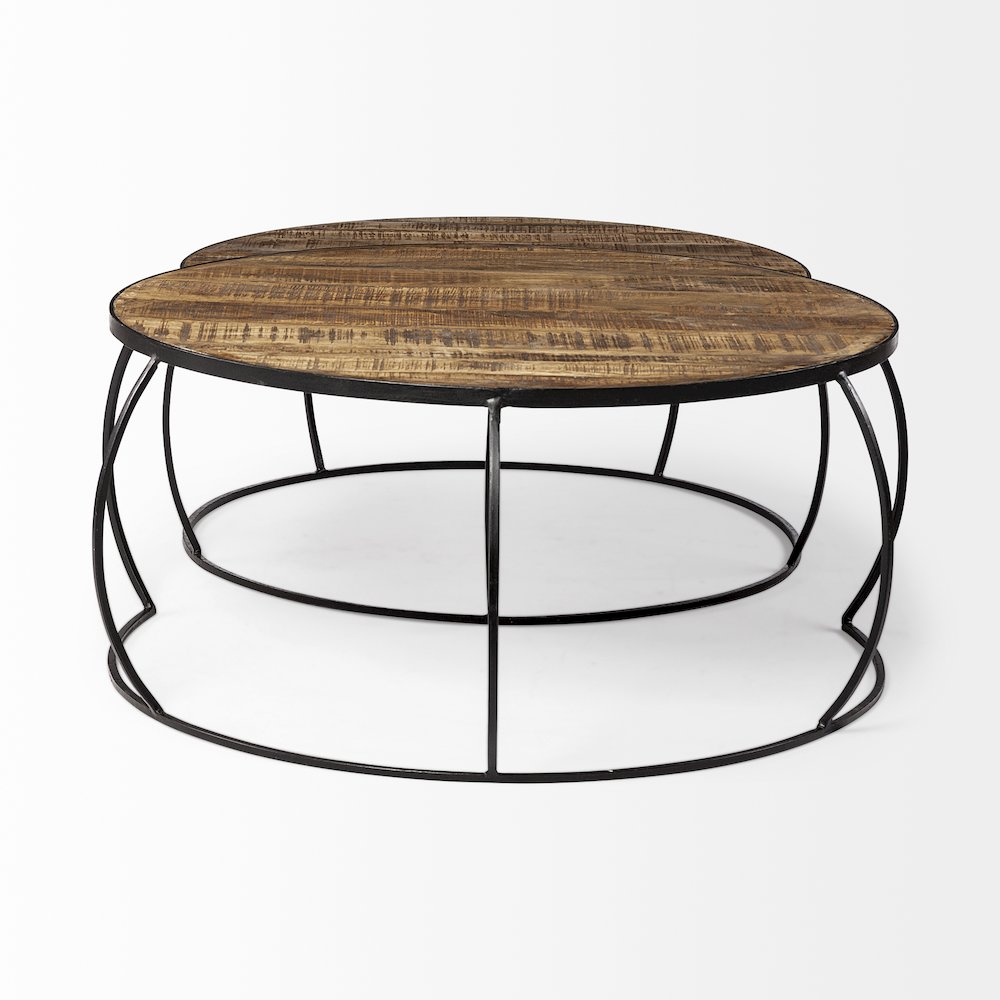 Set Of 2 Round Brown Wood Top Black Iron Base Nesting Coffee Tables. Picture 11