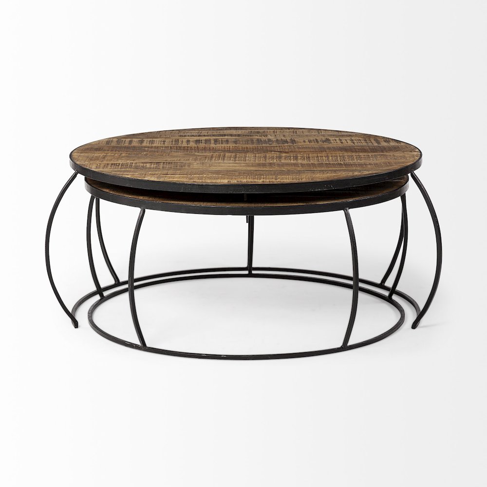 Set Of 2 Round Brown Wood Top Black Iron Base Nesting Coffee Tables. Picture 9