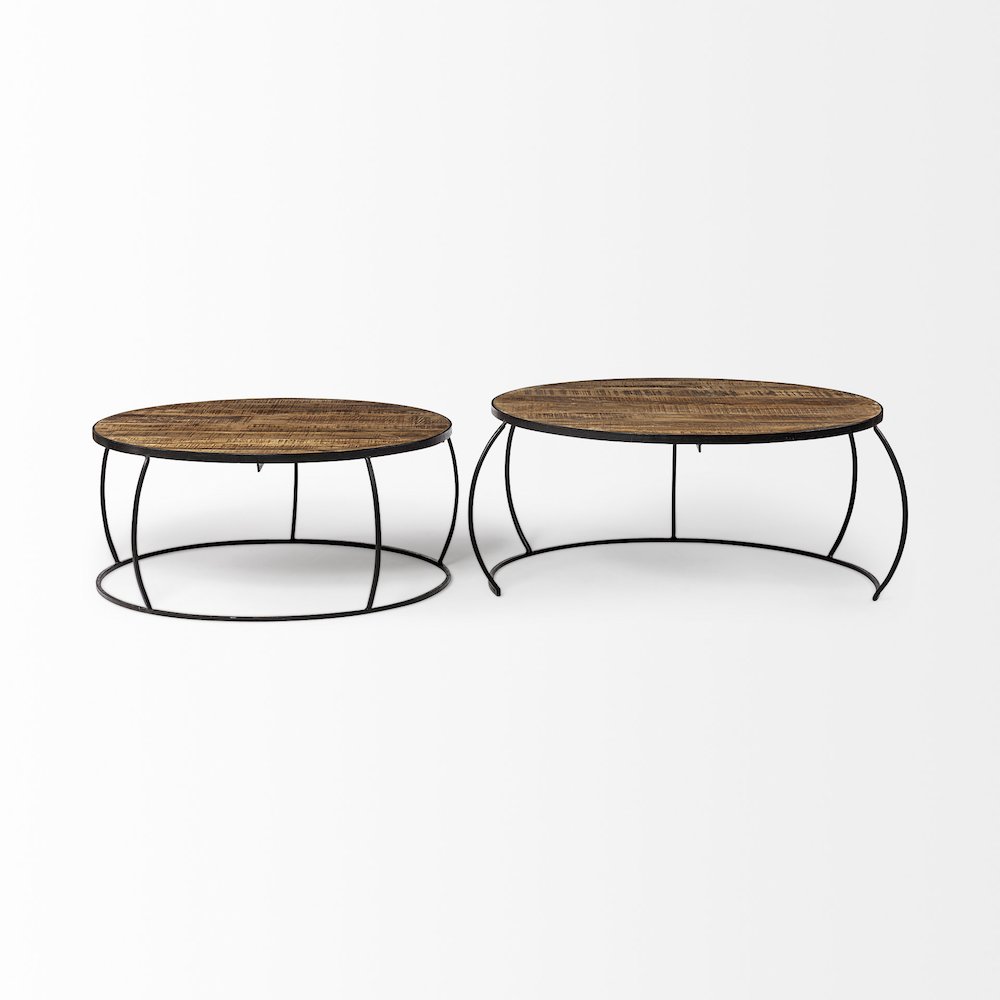 Set Of 2 Round Brown Wood Top Black Iron Base Nesting Coffee Tables. Picture 12
