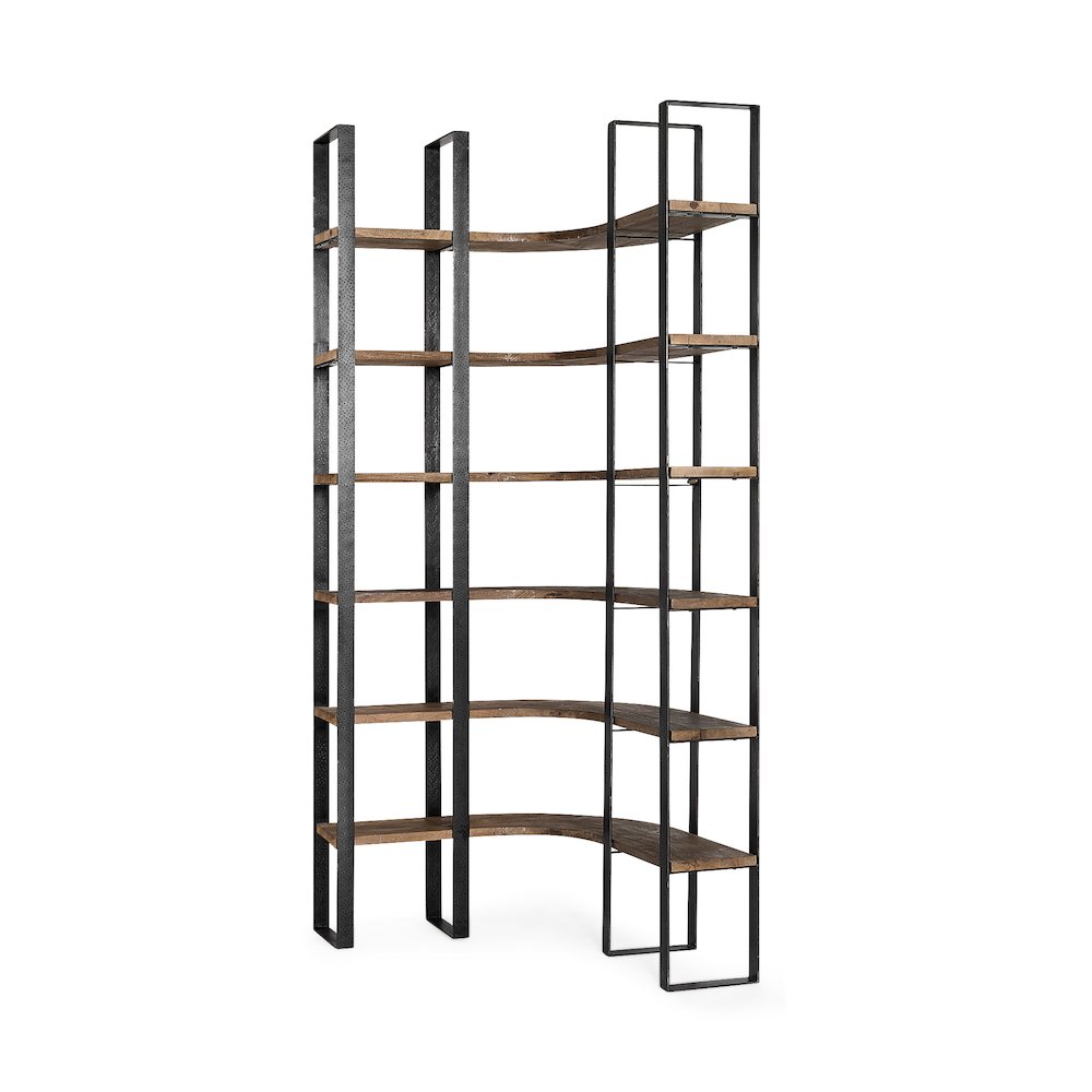 37L X 10.5W X 90H Curved Dark Brown Wood And Black Iron Six Shelving Unit. Picture 1