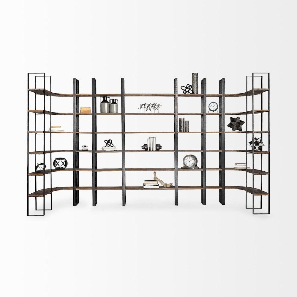37L X 10.5W X 90H Curved Dark Brown Wood And Black Iron Six Shelving Unit. Picture 2
