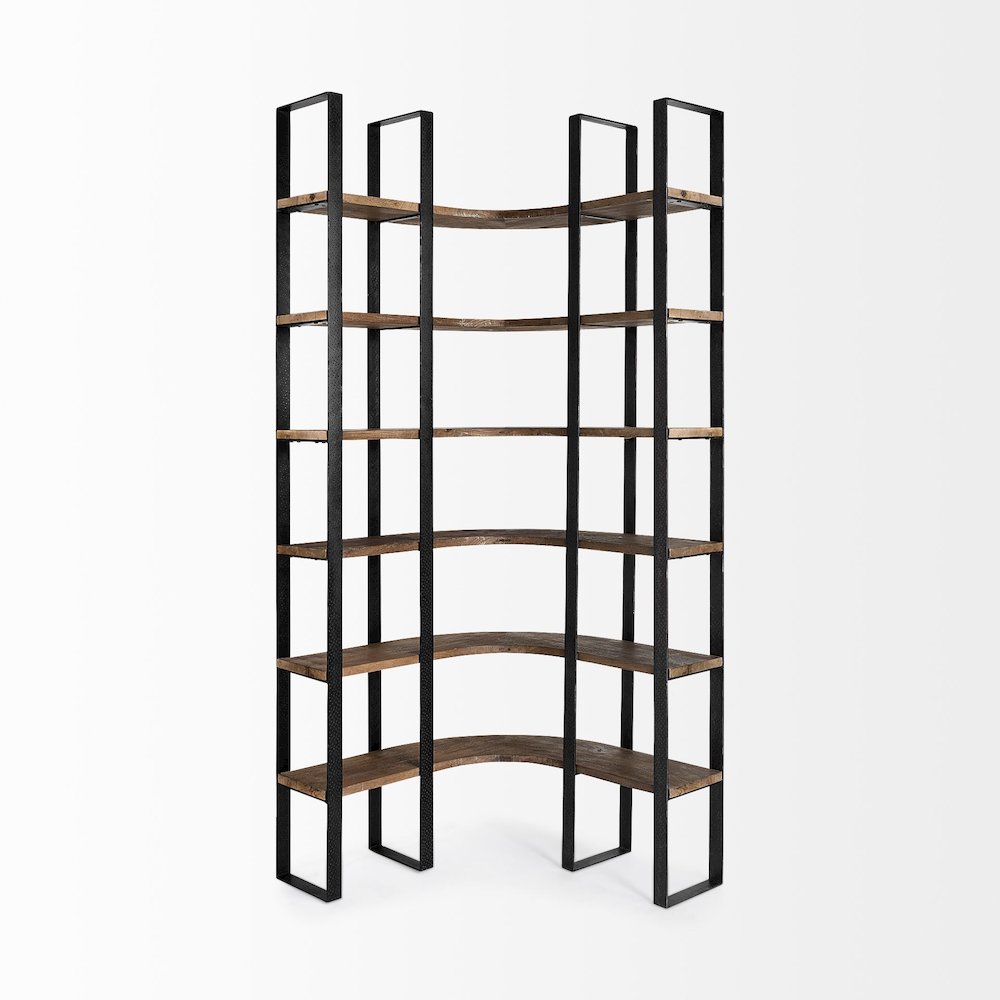 37L X 10.5W X 90H Curved Dark Brown Wood And Black Iron Six Shelving Unit. Picture 3