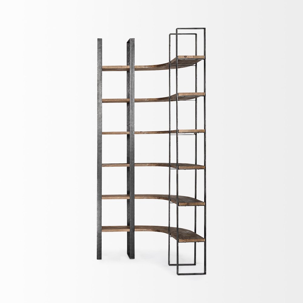 37L X 10.5W X 90H Curved Dark Brown Wood And Black Iron Six Shelving Unit. Picture 4