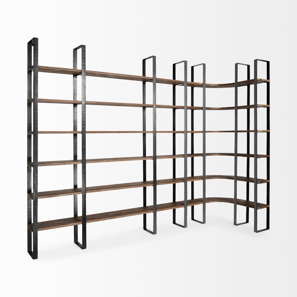 37L X 10.5W X 90H Curved Dark Brown Wood And Black Iron Six Shelving Unit. Picture 5