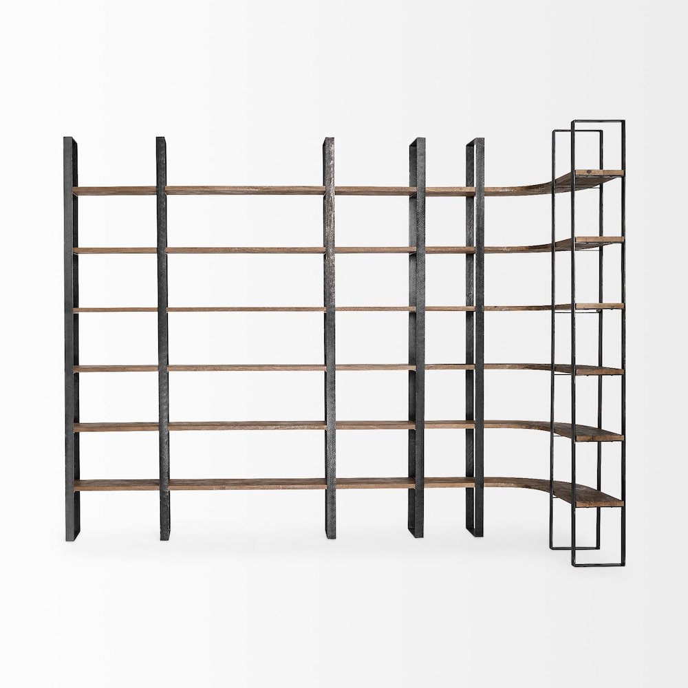 37L X 10.5W X 90H Curved Dark Brown Wood And Black Iron Six Shelving Unit. Picture 6