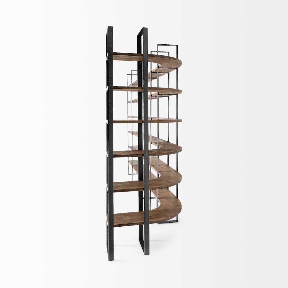 37L X 10.5W X 90H Curved Dark Brown Wood And Black Iron Six Shelving Unit. Picture 7