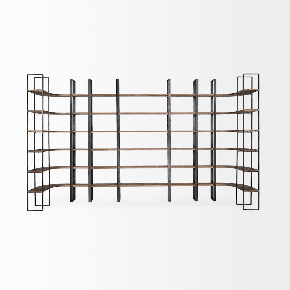 37L X 10.5W X 90H Curved Dark Brown Wood And Black Iron Six Shelving Unit. Picture 8