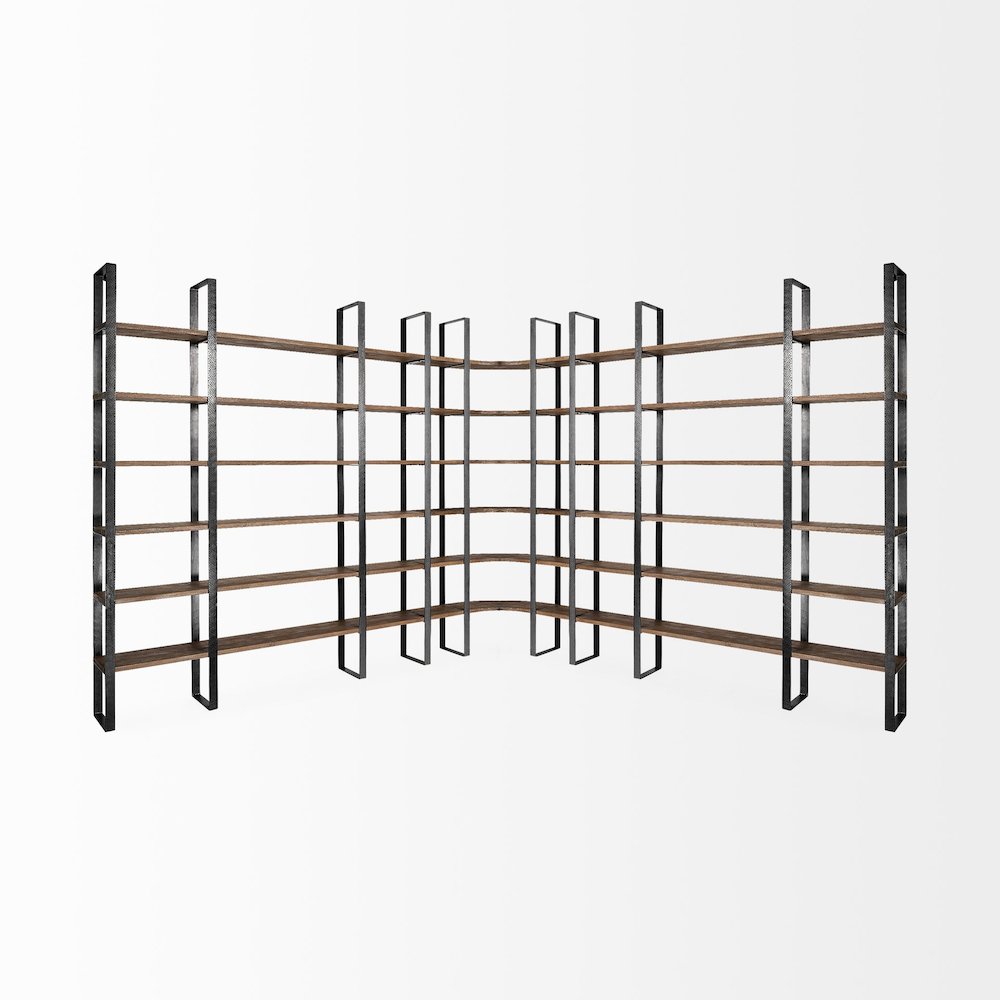 37L X 10.5W X 90H Curved Dark Brown Wood And Black Iron Six Shelving Unit. Picture 9