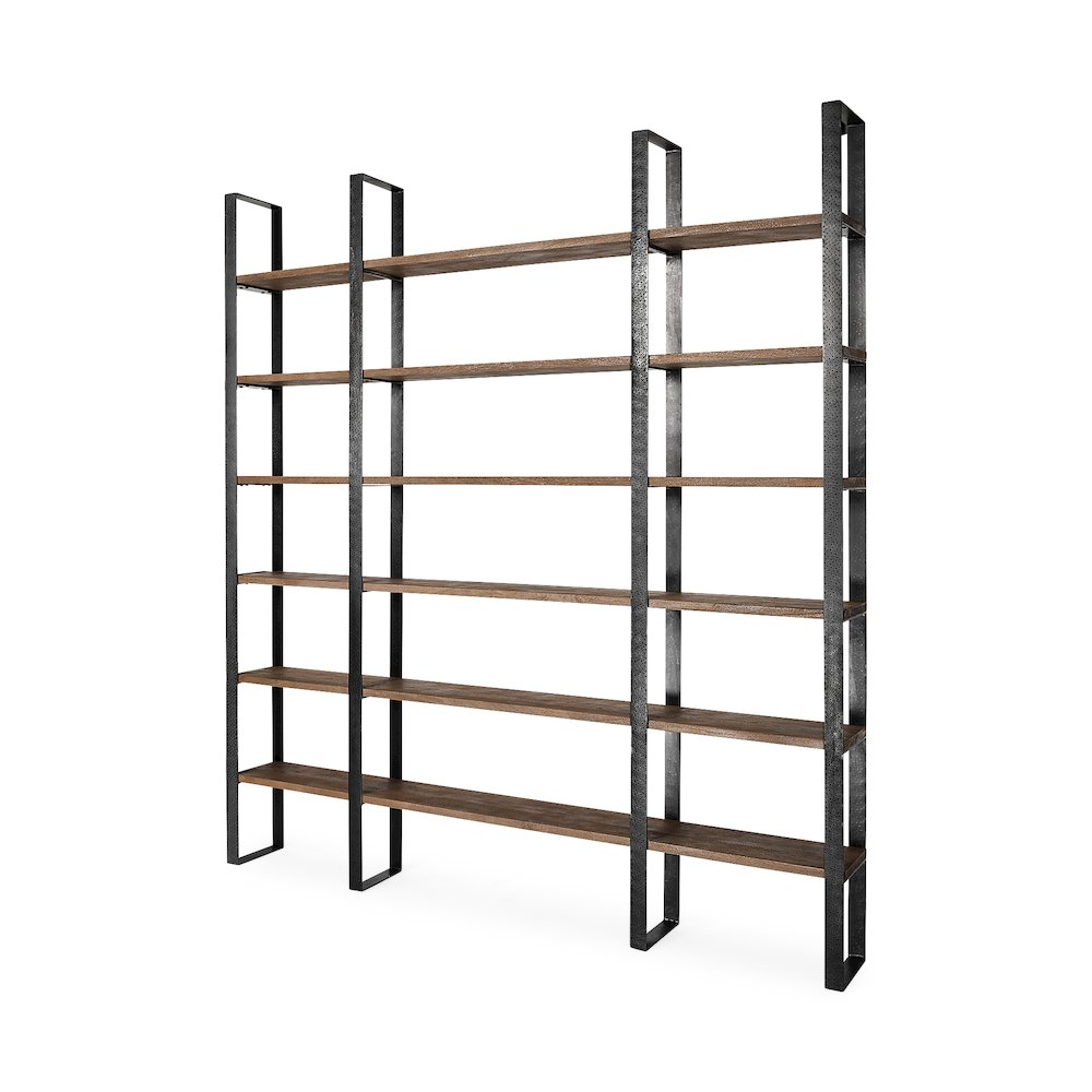 80L X 10.5W X 90H Dark Brown Wood And Black Iron Six Shelving Unit. Picture 1