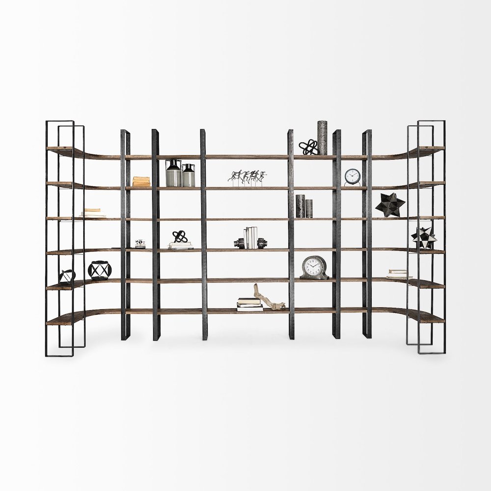 80L X 10.5W X 90H Dark Brown Wood And Black Iron Six Shelving Unit. Picture 2