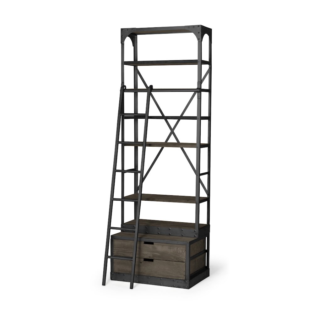 32L X 22W X 94H Brown Wood Gun-Metal Bracing Four Shelf Shelving Unit. Picture 1
