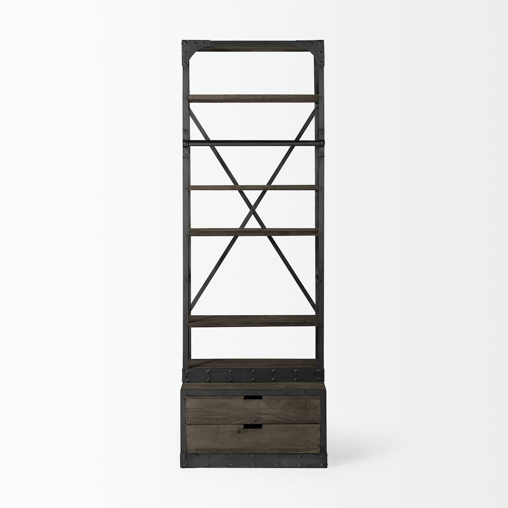 32L X 22W X 94H Brown Wood Gun-Metal Bracing Four Shelf Shelving Unit. Picture 2