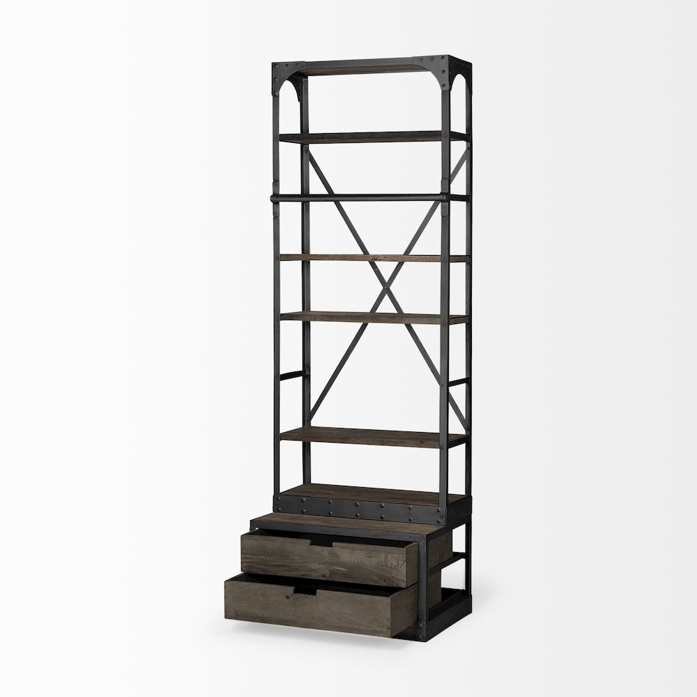 32L X 22W X 94H Brown Wood Gun-Metal Bracing Four Shelf Shelving Unit. Picture 5