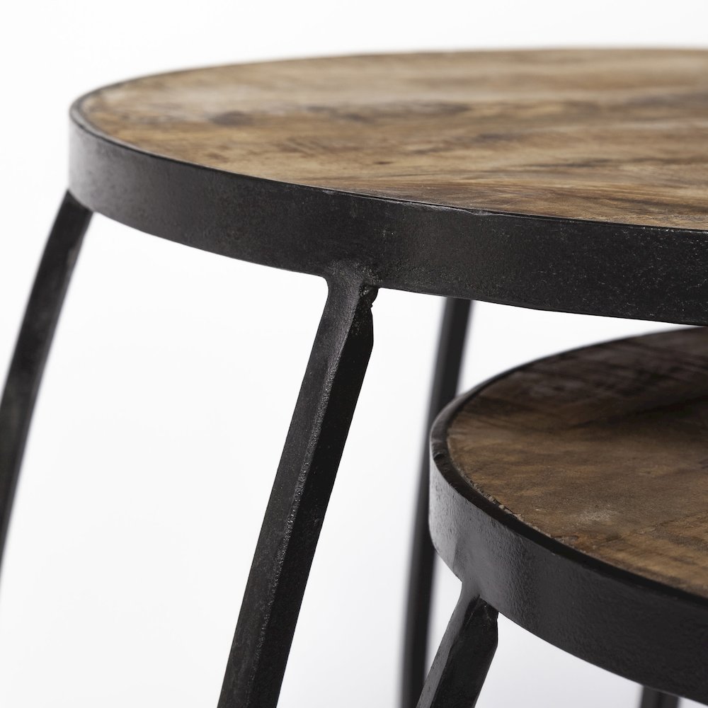 (Set Of 2) Brown Round Wood Top Black Iron Frame Nesting Accent Tables. Picture 2