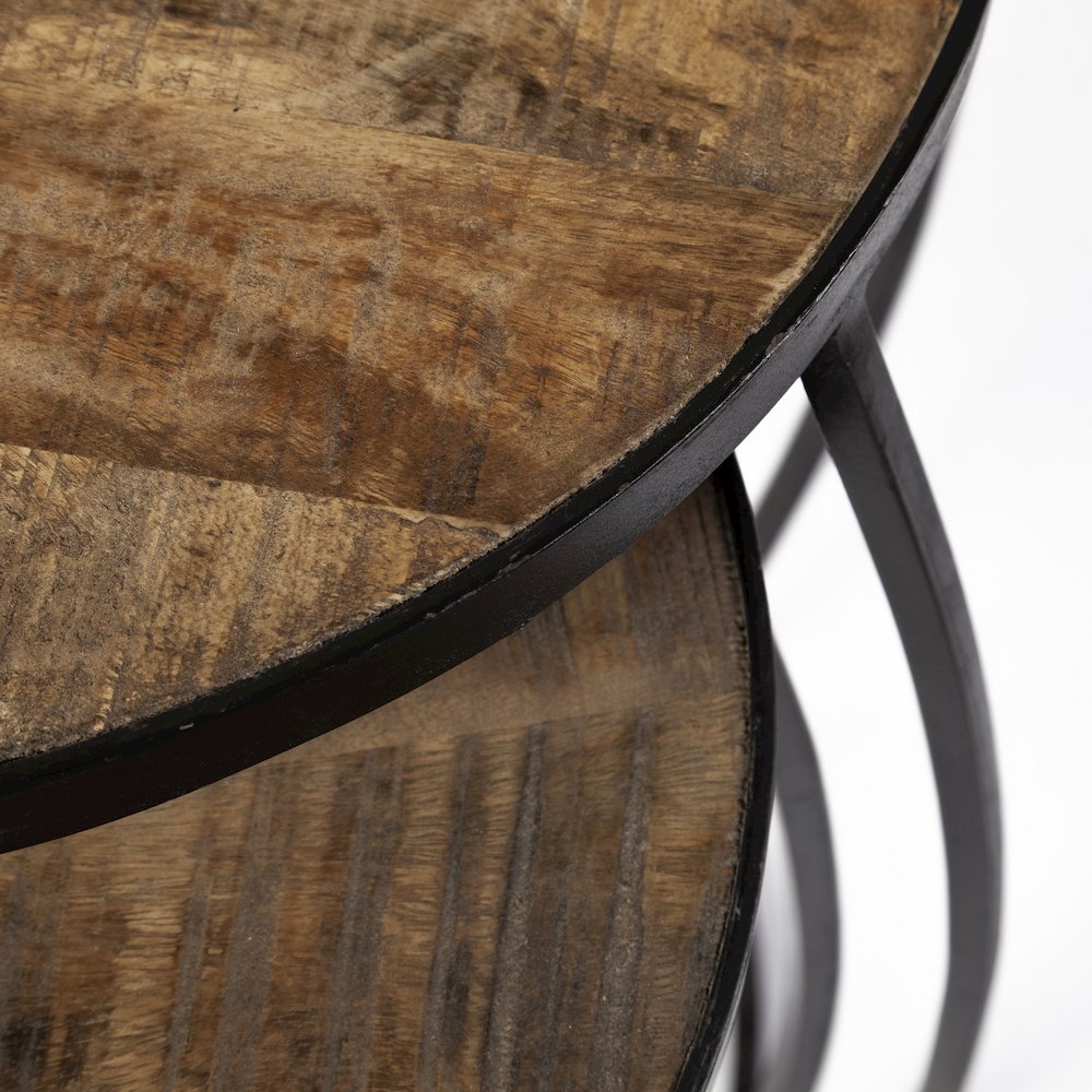 (Set Of 2) Brown Round Wood Top Black Iron Frame Nesting Accent Tables. Picture 3