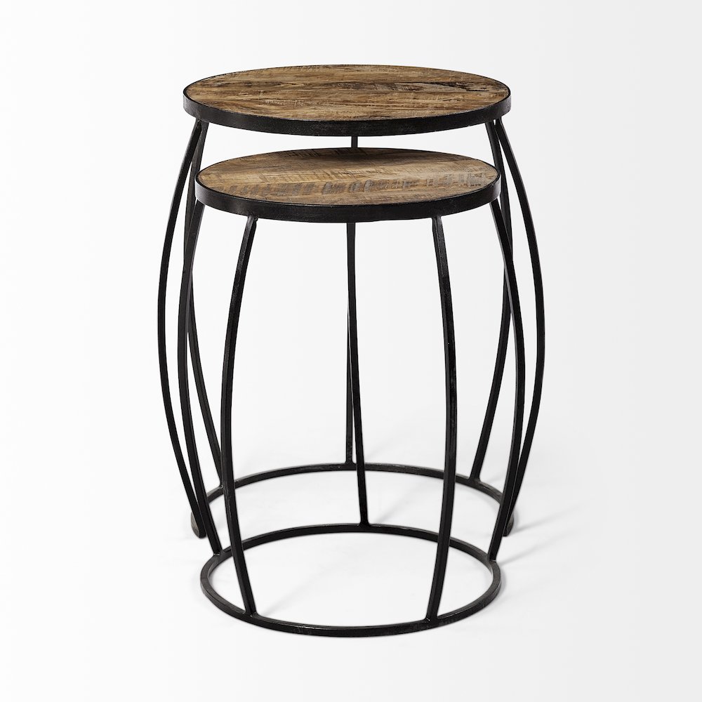 (Set Of 2) Brown Round Wood Top Black Iron Frame Nesting Accent Tables. Picture 8