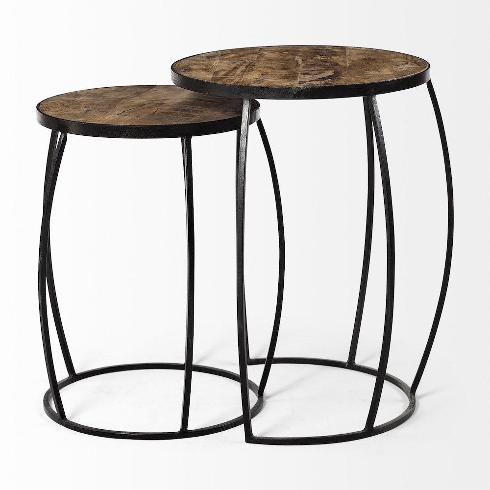 (Set Of 2) Brown Round Wood Top Black Iron Frame Nesting Accent Tables. Picture 9