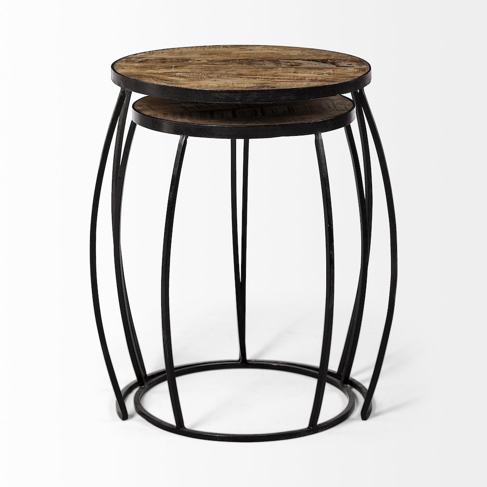 (Set Of 2) Brown Round Wood Top Black Iron Frame Nesting Accent Tables. Picture 11