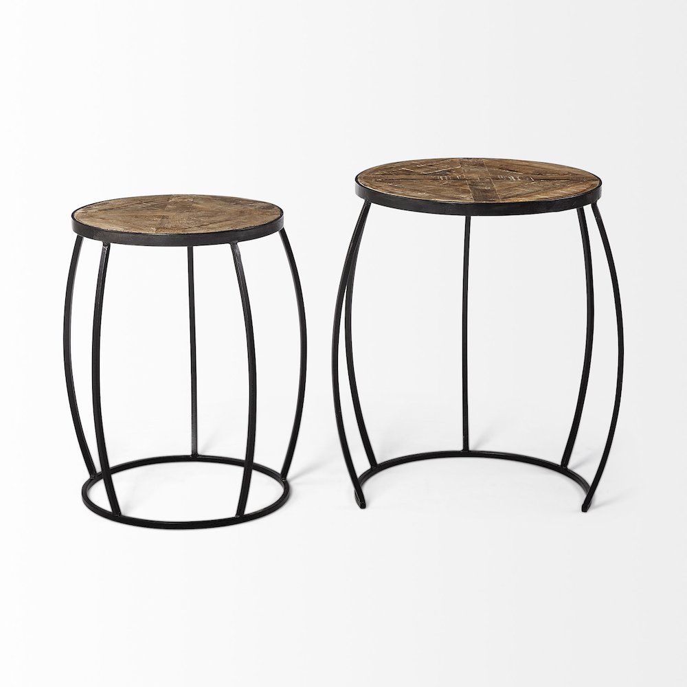 (Set Of 2) Brown Round Wood Top Black Iron Frame Nesting Accent Tables. Picture 12