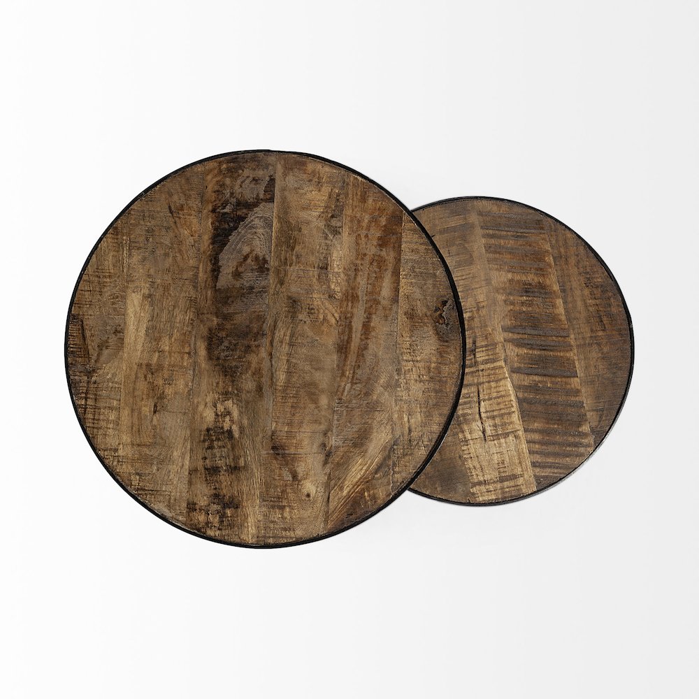 (Set Of 2) Brown Round Wood Top Black Iron Frame Nesting Accent Tables. Picture 13