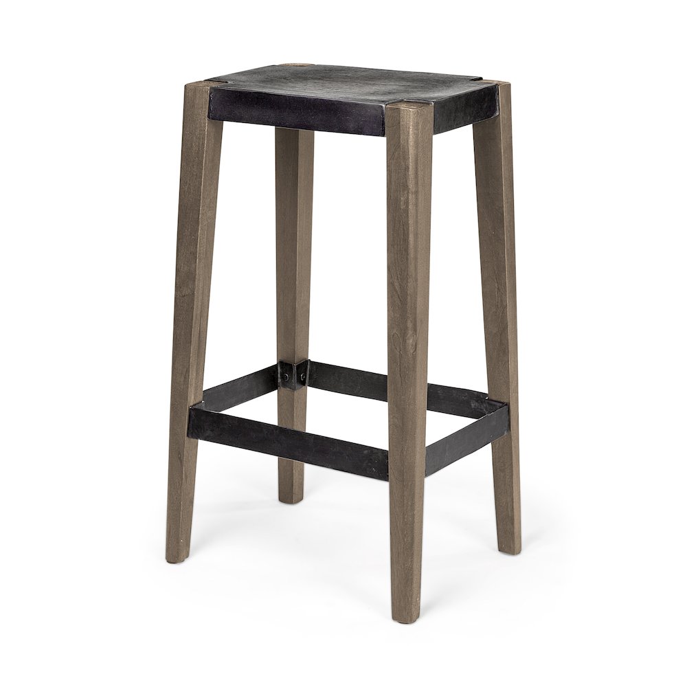 30" Seat Height Black Metal Seat & Foot Rest With Brown Wood Legs Stool. Picture 1