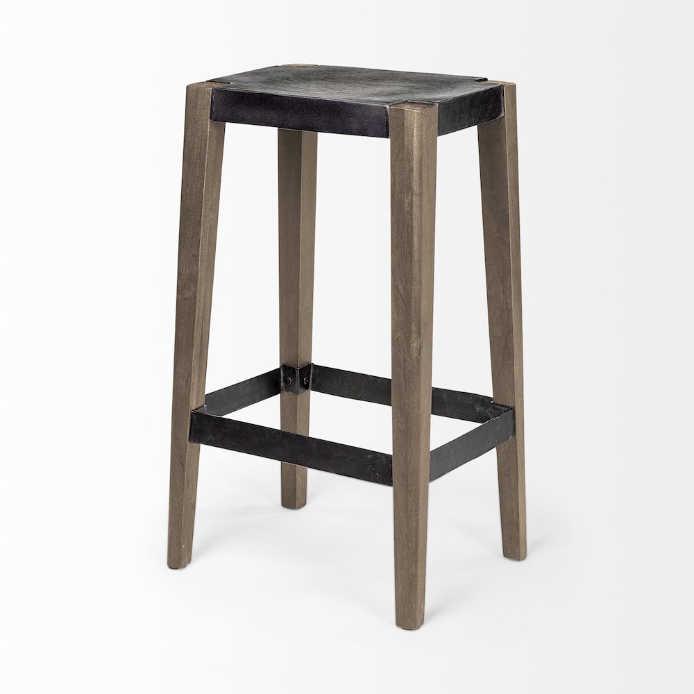 30" Seat Height Black Metal Seat & Foot Rest With Brown Wood Legs Stool. Picture 8