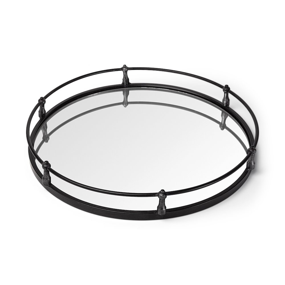 Kimbel 24L x 24W Black Metal Mirrored Base Round Tray. Picture 1
