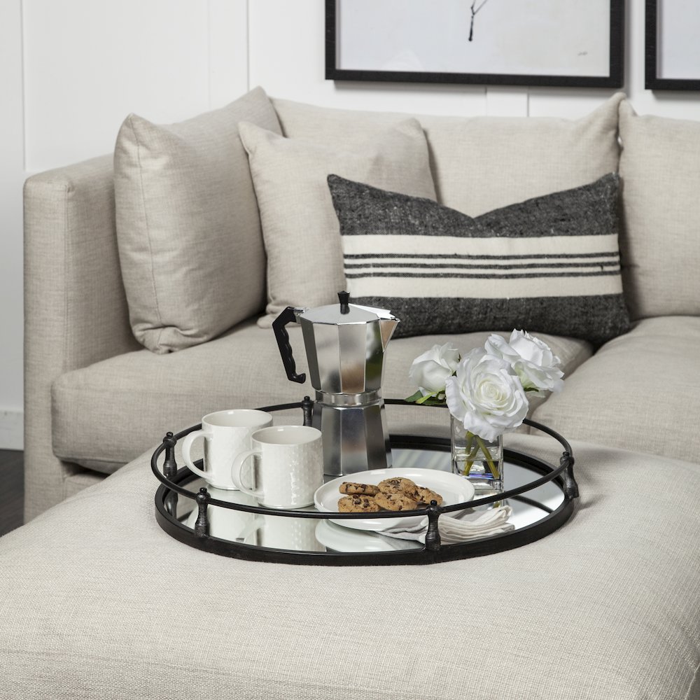 Kimbel 24L x 24W Black Metal Mirrored Base Round Tray. Picture 5