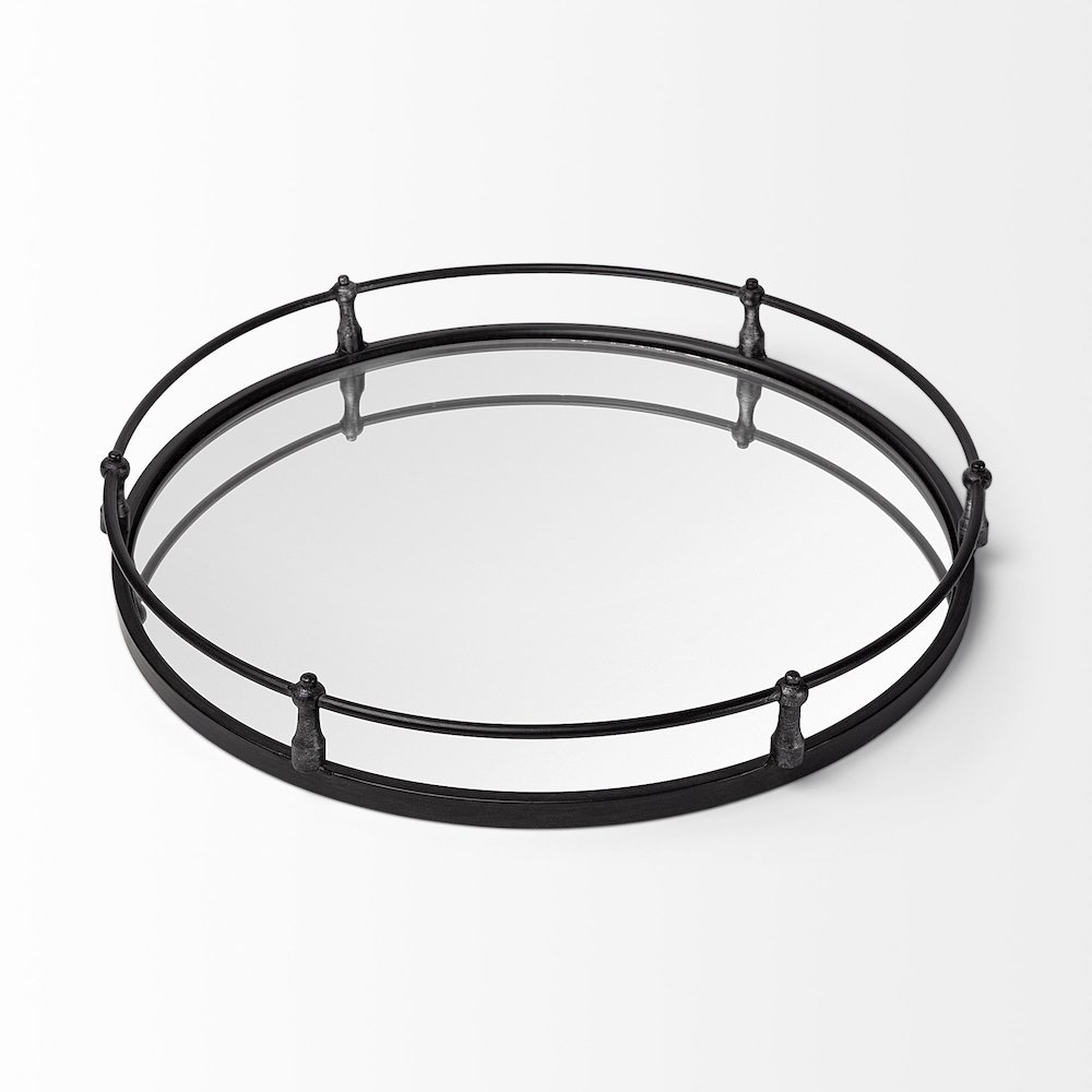Kimbel 24L x 24W Black Metal Mirrored Base Round Tray. Picture 7