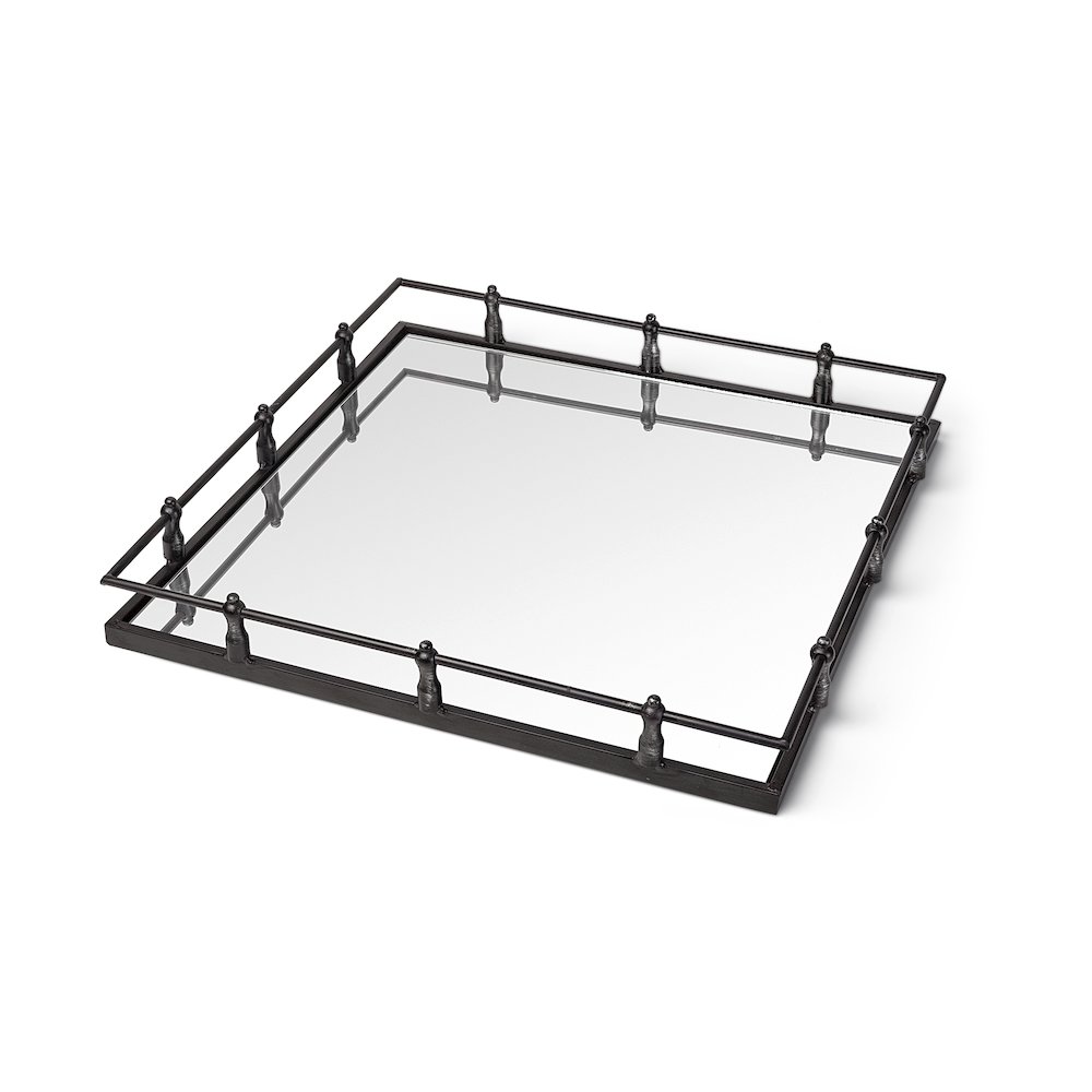 Christa 22L x 22W Black Metal Mirrored Base Square Tray. Picture 1