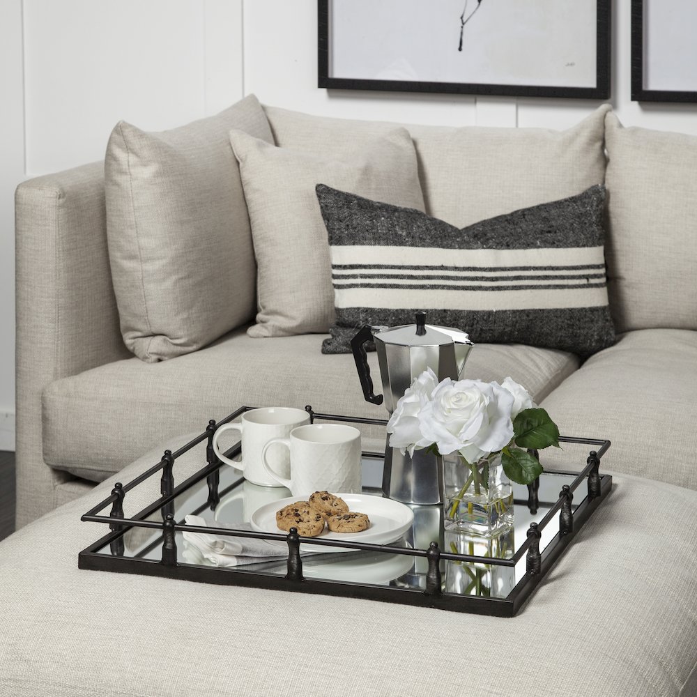 Christa 22L x 22W Black Metal Mirrored Base Square Tray. Picture 5