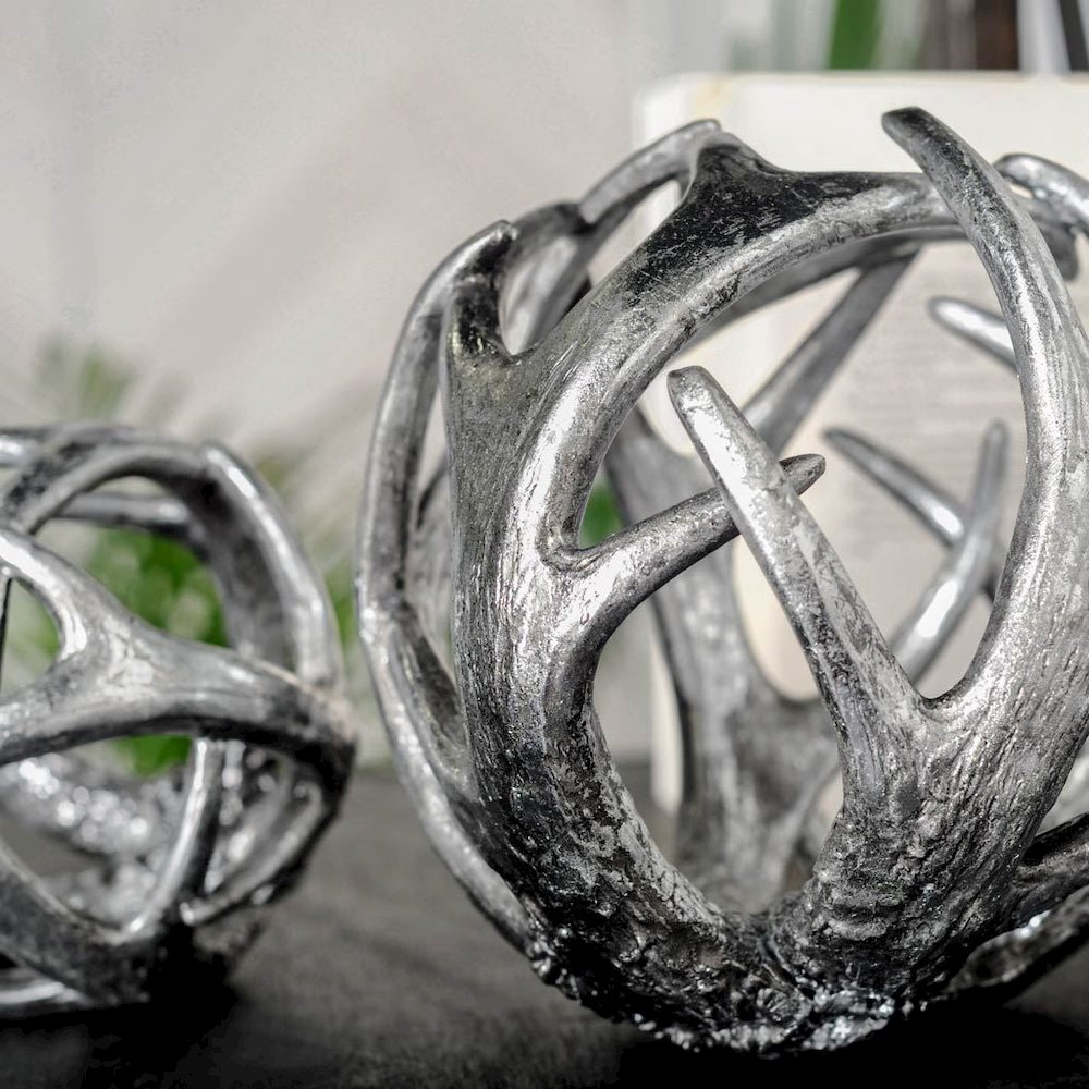 Ramus IV (Large) 7L x 7W Silver Antler Shaped Decorative Orb Ball. Picture 2