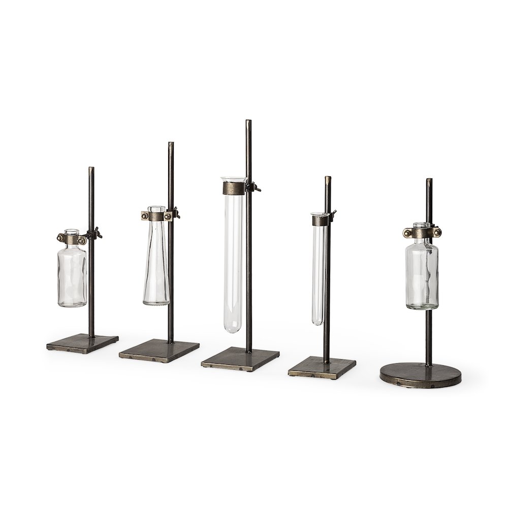 Jarvis Set of Five Dark Brown Metal and Glass Chemistry Inspired Bottles. Picture 1