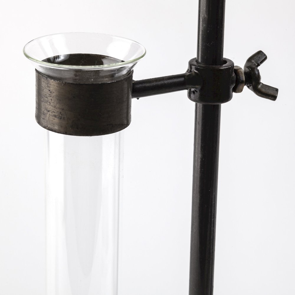 Jarvis Set of Five Dark Brown Metal and Glass Chemistry Inspired Bottles. Picture 2