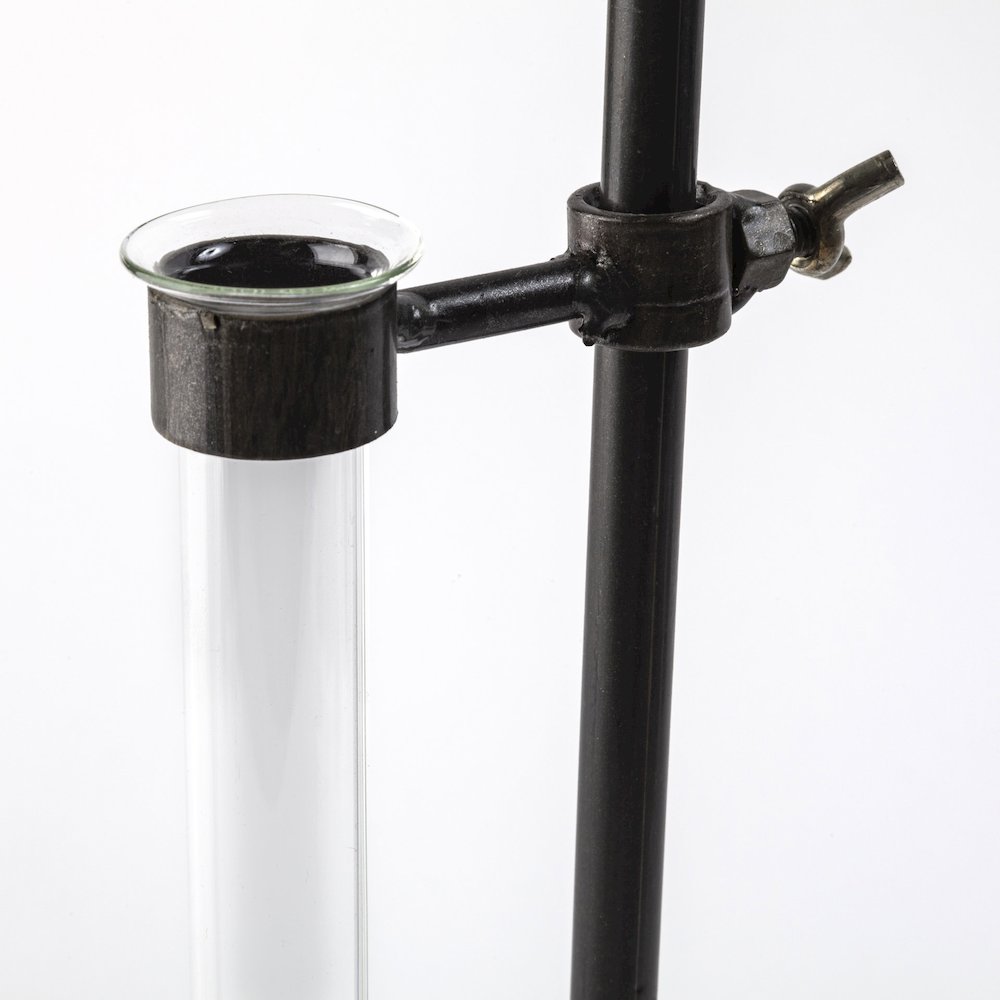 Jarvis Set of Five Dark Brown Metal and Glass Chemistry Inspired Bottles. Picture 3