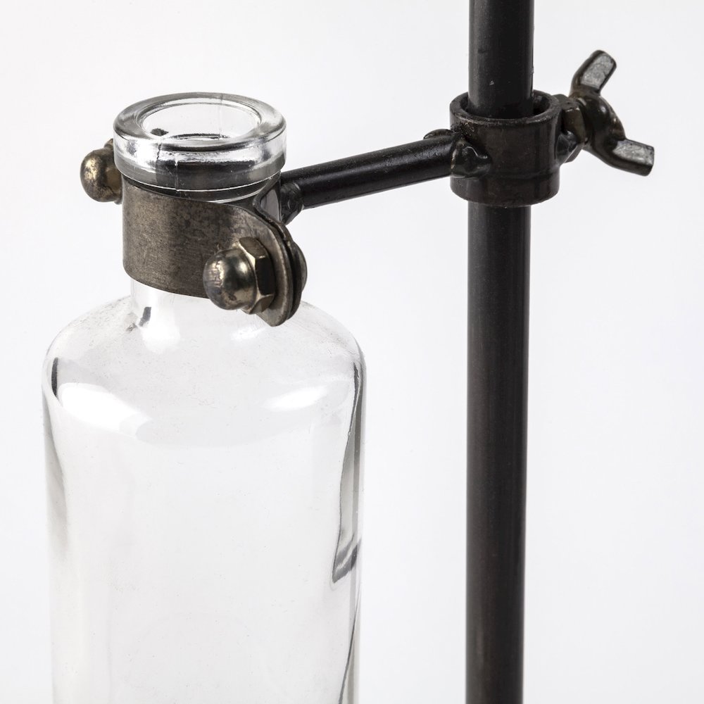 Jarvis Set of Five Dark Brown Metal and Glass Chemistry Inspired Bottles. Picture 4