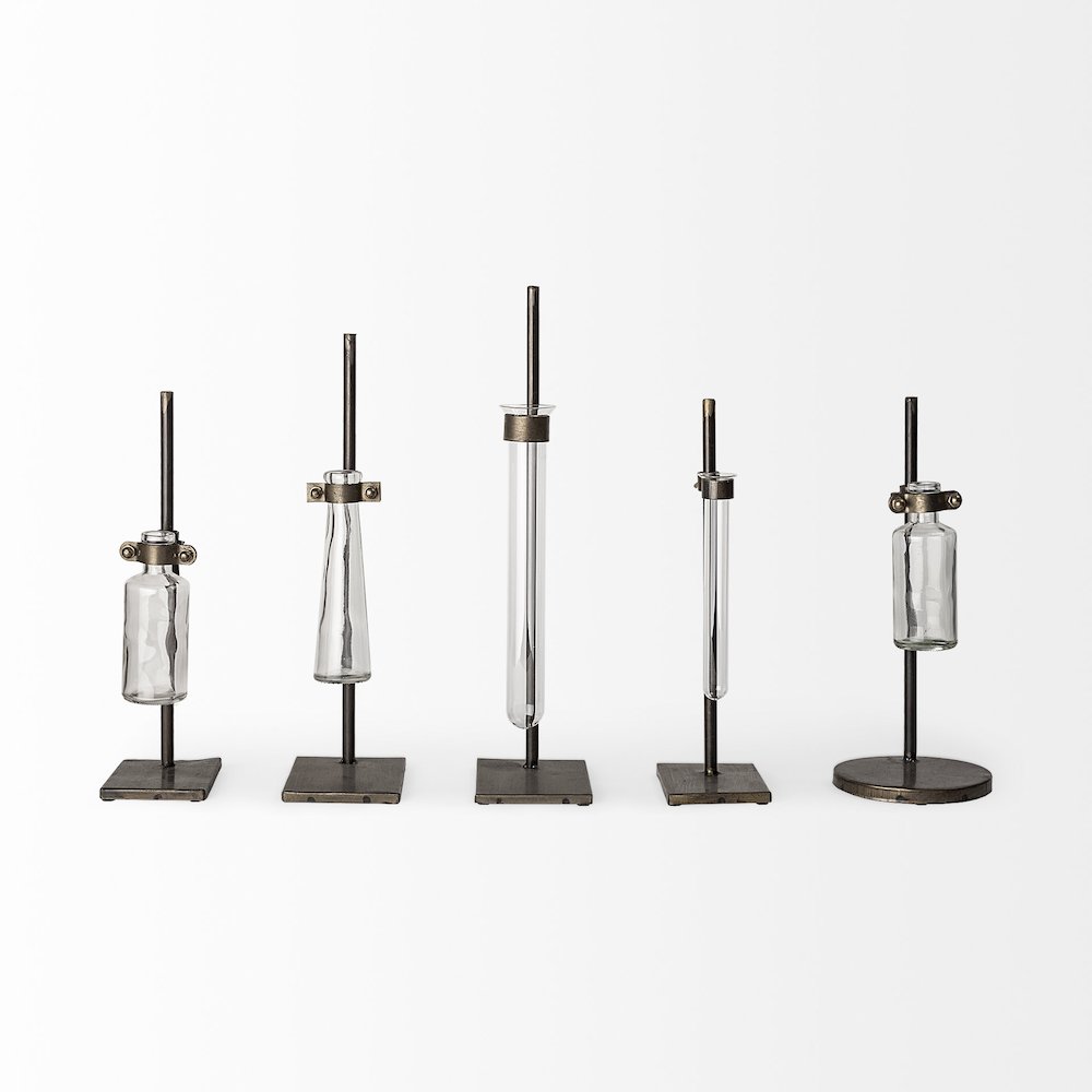 Jarvis Set of Five Dark Brown Metal and Glass Chemistry Inspired Bottles. Picture 7