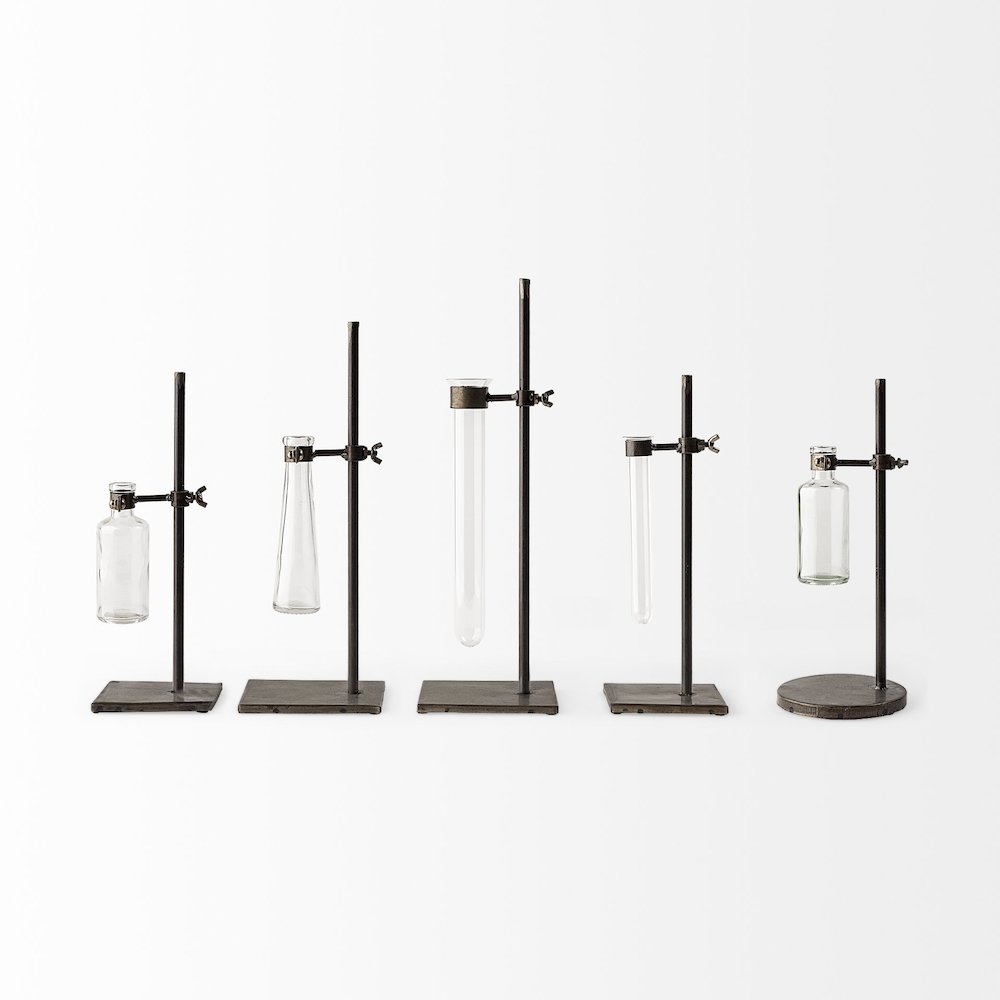 Jarvis Set of Five Dark Brown Metal and Glass Chemistry Inspired Bottles. Picture 8