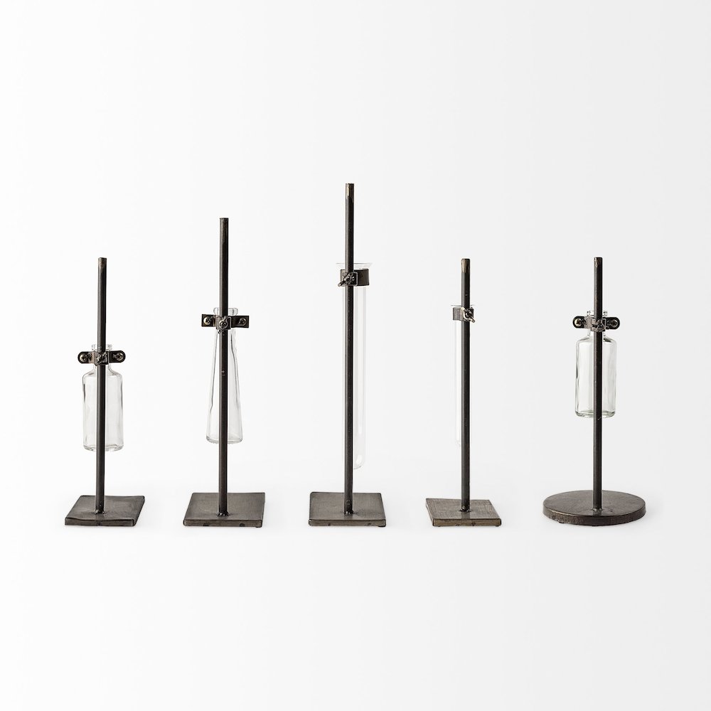 Jarvis Set of Five Dark Brown Metal and Glass Chemistry Inspired Bottles. Picture 9
