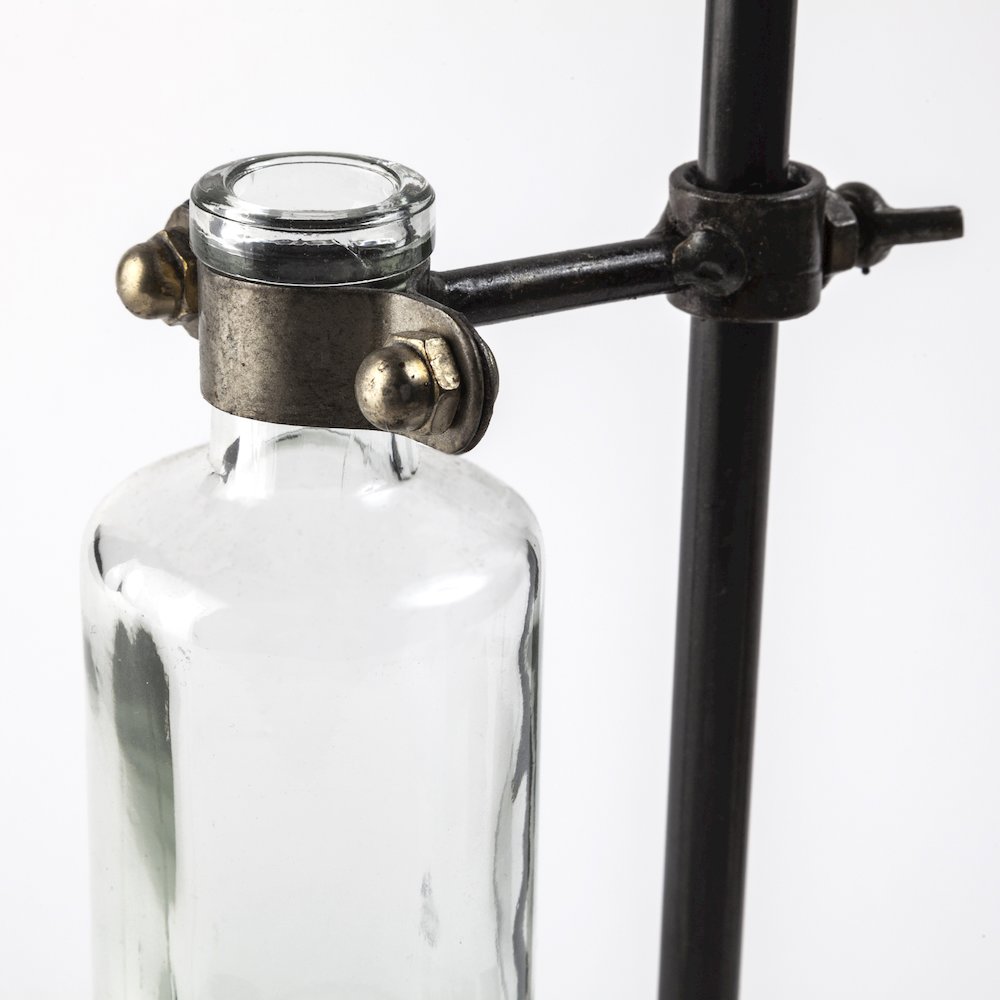 Jarvis Set of Five Dark Brown Metal and Glass Chemistry Inspired Bottles. Picture 10