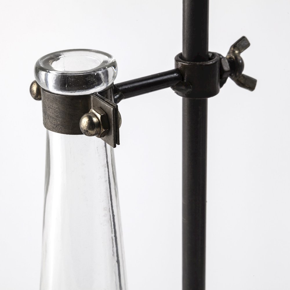 Jarvis Set of Five Dark Brown Metal and Glass Chemistry Inspired Bottles. Picture 11
